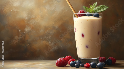 Off-White Creamy Smoothie Topped with Berries and Mint with Copy Space photo