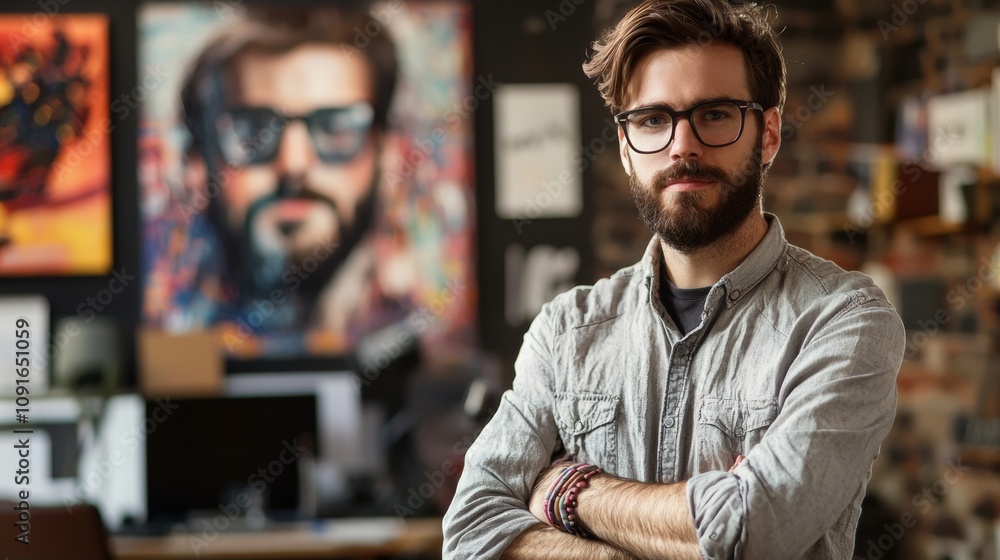 Fototapeta premium Confident young artist in studio with vibrant artwork background