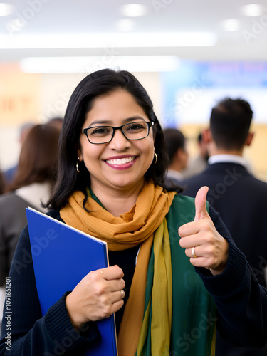 Smiling woman of Indian origin holding a file and shows thumbs up sign