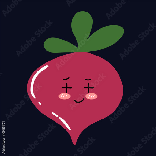 kawaii beetroot emoticon character. Hand drawn Beetroot in doodle style for designing baby clothes. Cartoon purple beetroot character set. Cute beet with banner vector illustration