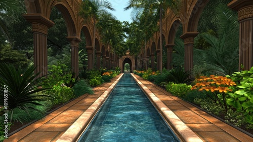 Majestic gardens of Alhambra with intricate architecture and serene fountains create a tranquil oasis in nature