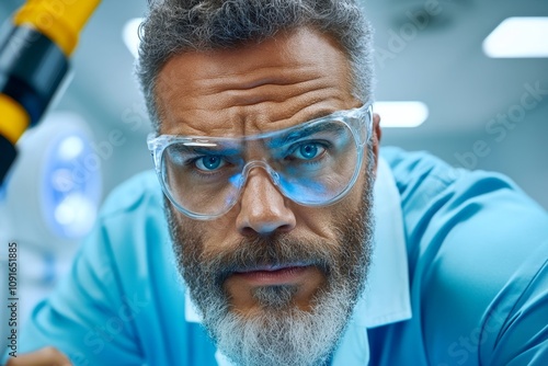 Aging scientist working in a lab, their face lit by the glow of equipment, proving that curiosity endures with age photo