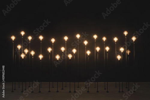 Rows of Illuminated Lightbulbs on Stands Against a Dark Background photo