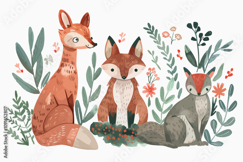 Woodland Animals in Watercolor Floral Settings isolated illustration