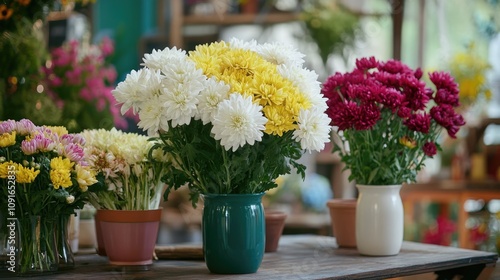 Wallpaper Mural Colorful display of chrysanthemums in a floral shop featuring vibrant white, yellow, red, and pink blooms arranged in vases and pots showcasing beautiful bouquets. Torontodigital.ca