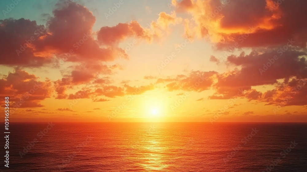 Obraz premium Vibrant sunset casting warm orange and yellow hues across a peaceful sea, with fluffy clouds reflecting the colorful sky, creating an idyllic and picturesque coastal landscape.