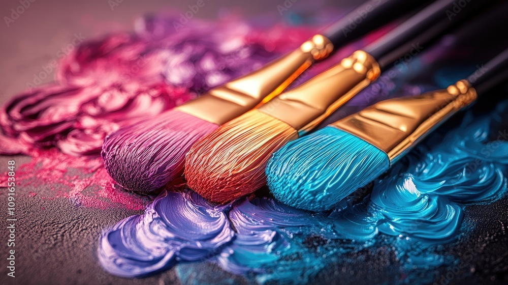 Fototapeta premium Three paintbrushes resting on colorful paint swatches, showcasing artistic tools and creativity.