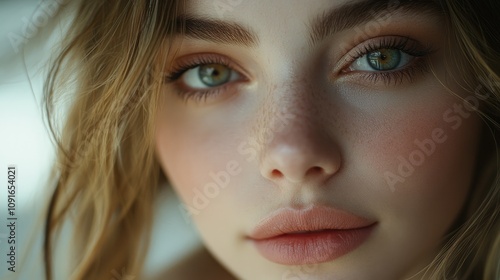 Wallpaper Mural Close-up of a young woman in her 20s with natural makeup, highlighting radiant skin, captivating green eyes, and soft, expressive features. Torontodigital.ca