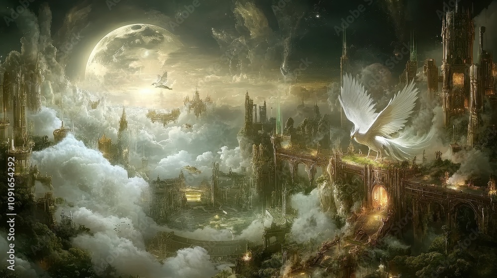 Fototapeta premium Epic Fantasy Cityscape Celestial Phoenix Moonlit Clouds Ancient Architecture