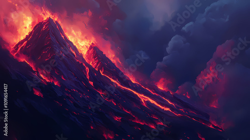 Majestic volcanic eruption with molten lava cascading down a rugged mountain with dramatic ash clouds and fiery red hues. Fiery Volcanic Eruption. Illustration photo