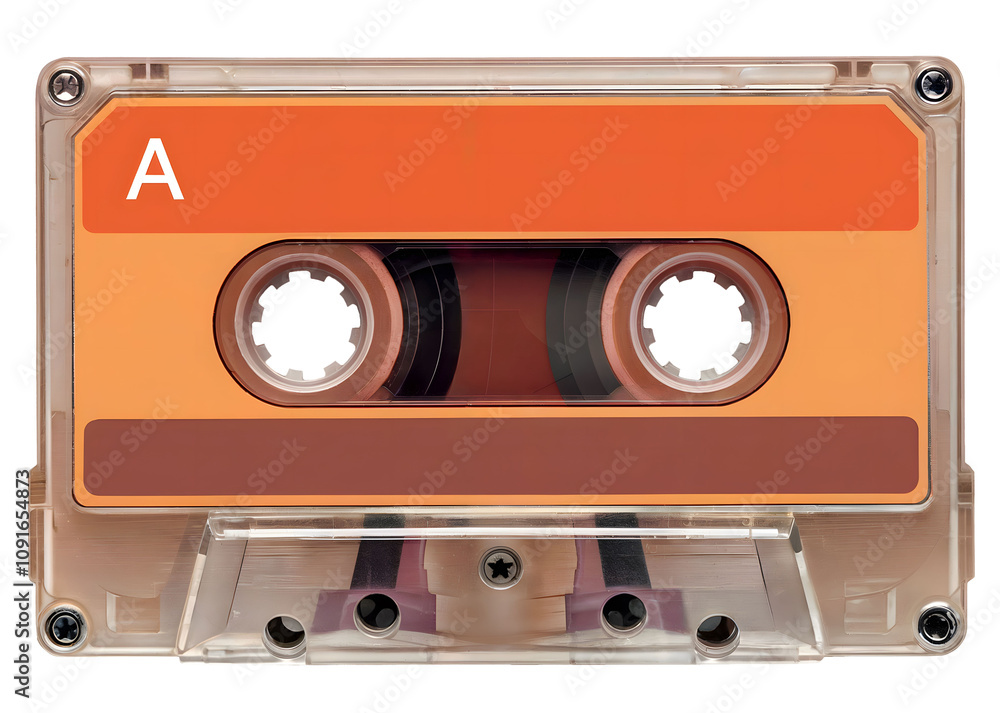 Obraz premium Photo of a Transparent Retro Cassette Tape with Vibrant Orange Label and Visible Magnetic Tape Reels