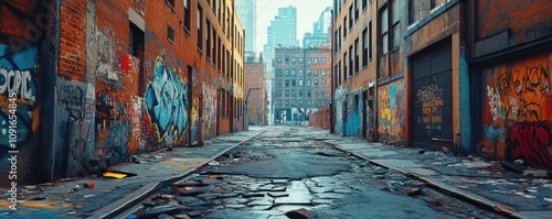 Urban street scene, showcasing graffiti-covered buildings and cracked pavement.