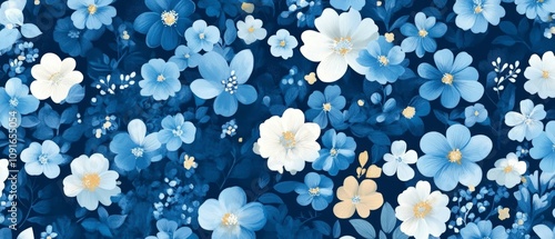 A dense floral pattern composed of various blue and white flowers creating a lush, romantic composition. The flowers range from deep navy to light blue and white, with delicate details. Generative AI