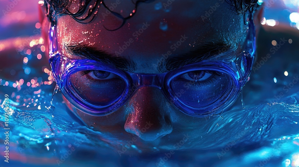 Intense close-up of a swimmer in water wearing blue goggles, showcasing a focused expression illuminated by vibrant blue lighting. Intense close-up of a swimmer in water wearing blue goggles, showcasing a focused expression illuminated by vibrant blue lighting.