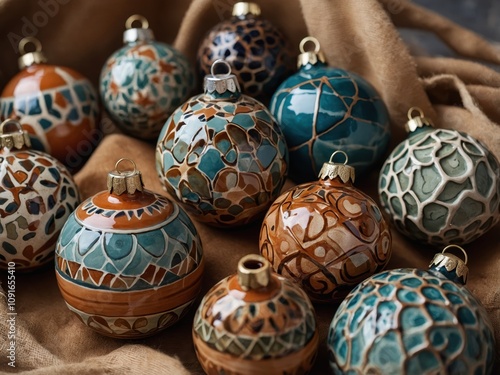 A set of ceramic handmade ornaments with abstract designs, perfect for unique holiday decor photo