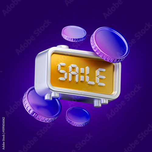 3D alaram clock big sale with coins. For business promotion sales and discount online purchases. Tag label, banner with percent icon isolated. 3d rendering photo