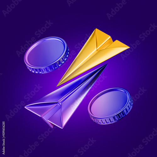 3D Paper Plane with coin. Render Paper Airplane with Money. Concept of Money Transfers, Transactions, Online Banking and Payments. 3d render Illustration