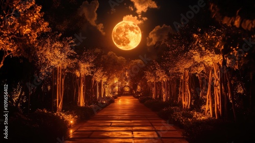 Serene garden pathway illuminated by warm lights under a vibrant full moon, surrounded by lush trees and a tranquil night sky, creating a captivating and elegant atmosphere.