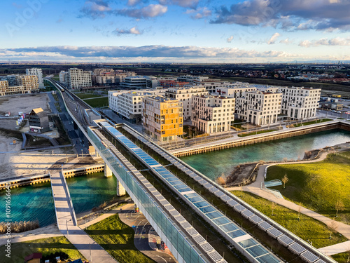 Vienna, Austria - December 27, 2022. Panorama of new modern hipster quarter Asperner See Seestadt in Winter