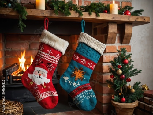 Christmas stockings made of knitted wool with festive patterns, perfect for holiday traditions photo