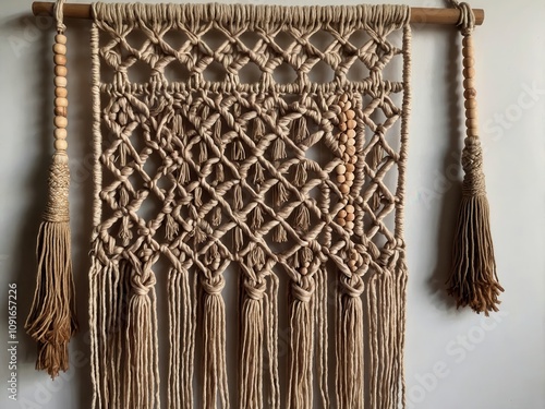 Handcrafted macramé wall hanging with intricate patterns, perfect for boho-style holiday decor photo