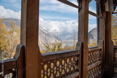 most beautiful autumn landscape with colorful trees in the mountains valley of skardu , gilgit baltistan , Pakistan. photo