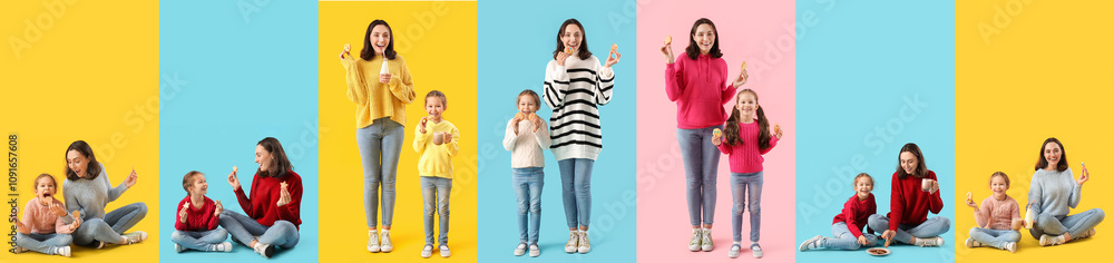 Fototapeta premium Collage of young mother and her daughter with tasty cookies on color background