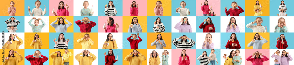 Obraz premium Big collage of young woman and little girl with tasty cookies on white and color backgrounds