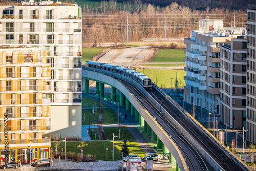 Vienna, Austria - December 27, 2022. Metro in new modern hipster quarter Asperner See Seestadt in Winter