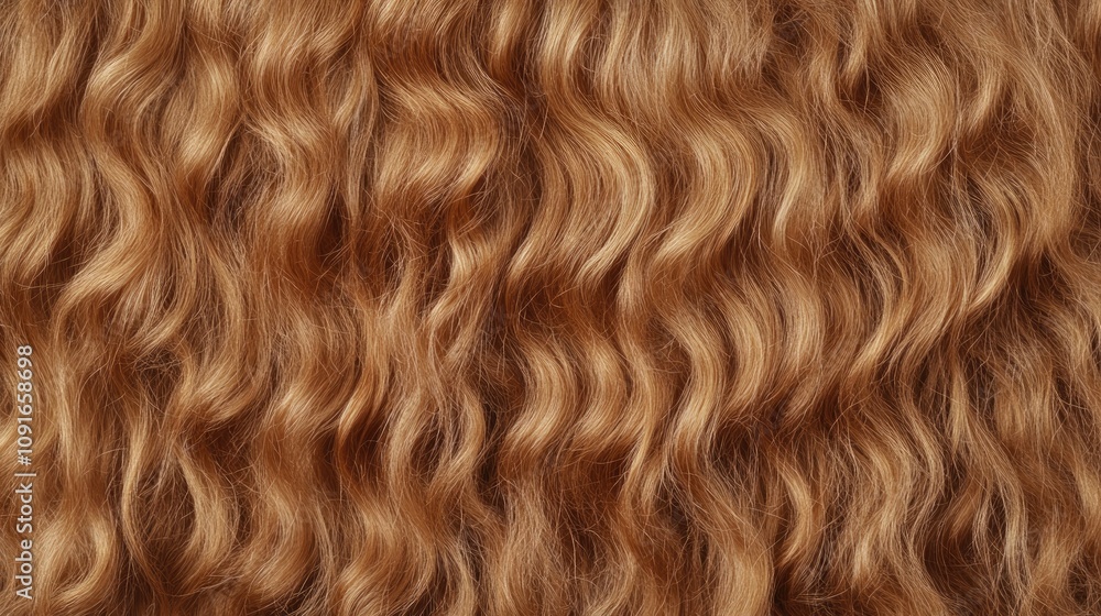 Fototapeta premium Wavy long curly light brown hair texture close-up highlighting natural shine, suitable for backgrounds in hair care and styling materials.