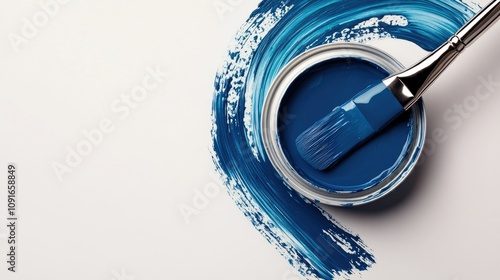 Can of Classic blue paint and brush on a white background. Top view photo