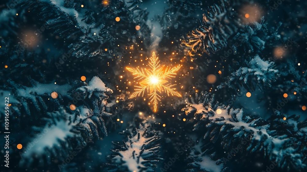 Golden Snowflake Glowing In Snowy Pine Branches Golden Snowflake Glowing In Snowy Pine Branches