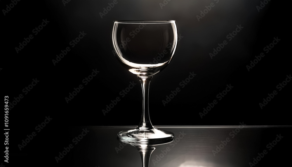 Fototapeta premium An empty wine glass is placed on a black surface with backlighting effect