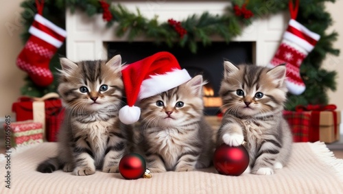 Three kittens sitting infront of a fireplace. One kitten is wearing a Santa hat and another kitten is playing with a Christmas decoration. The background denotes a festive Christmas season atmosphere.