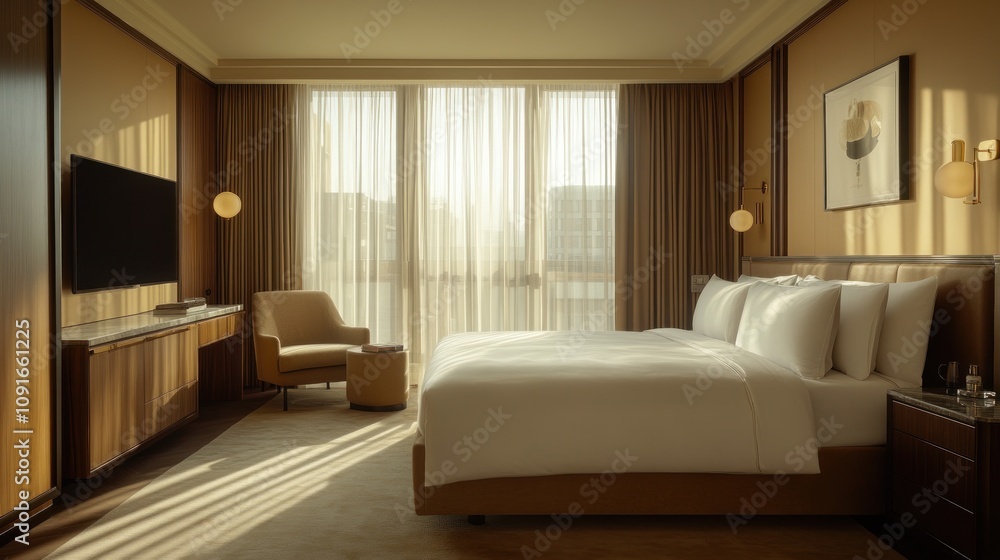 Fototapeta premium Modern hotel suite with large windows and a king-sized bed.
