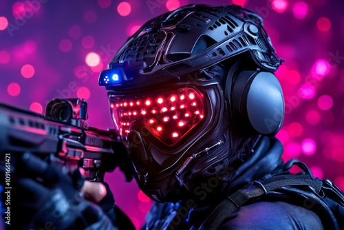 Secret agent in a glowing exosuit equipped with advanced weaponry and augmented reality displays, scanning a high-tech facility photo