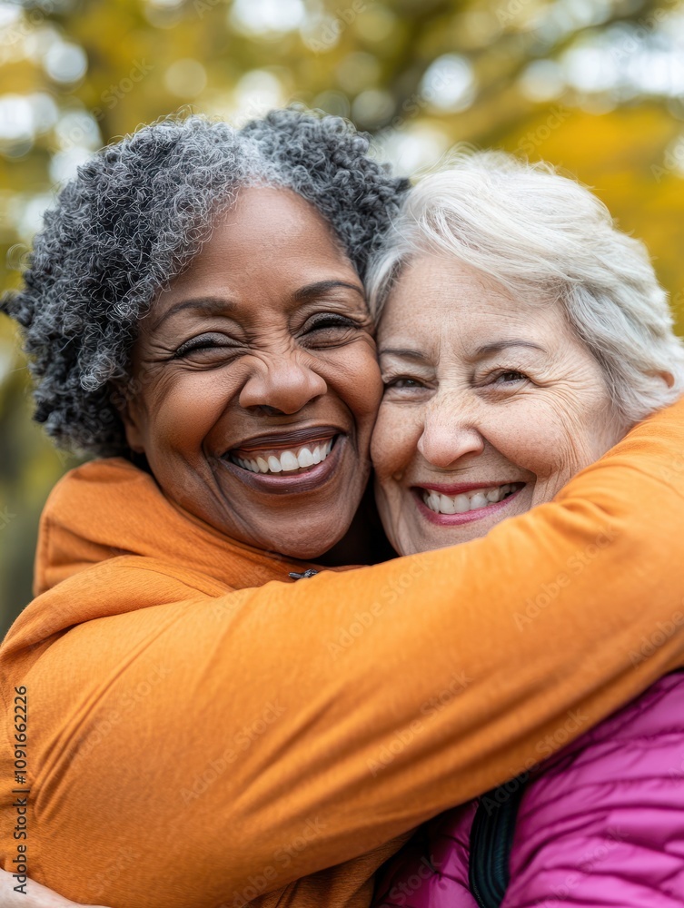 Fototapeta premium Multiracial senior people having fun hugging each other after sport workout at city park - Healthy lifestyle and joyful elderly lifestyle concept - Main focus on african woman face