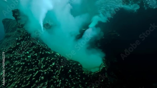 Black smoker hydrothermal vent emitting dense mineral-rich plumes, surrounded by white bacterial mats, crystal formations, and marine life in the deep ocean.
