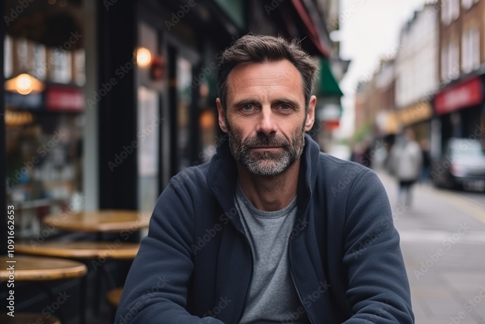 Handsome middle-aged man with beard in a street cafe Handsome middle-aged man with beard in a street cafe