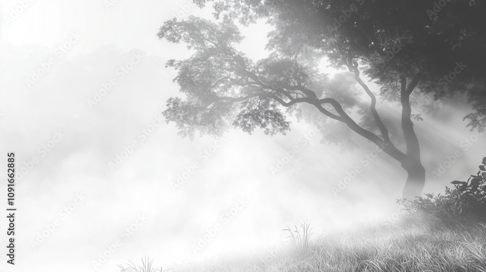 Obraz premium Black and white foggy landscape with tree and soft light beams