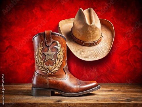 Cowboy Hat and Boots Clipart with Rodeo Logo and Wild West Crest on White and Red Backgrounds for Western-Themed Designs and Marketing Materials photo