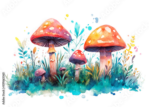 Wallpaper Mural Watercolor Illustration of Vibrant Red Mushrooms with Grass and Flowers, Whimsical Forest Scene on Transparent Background Torontodigital.ca