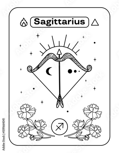 Zodiac horoscope sign is Sagittarius. Archery bow and arrow in linear style. Black and white flat vector illustration, eps10
