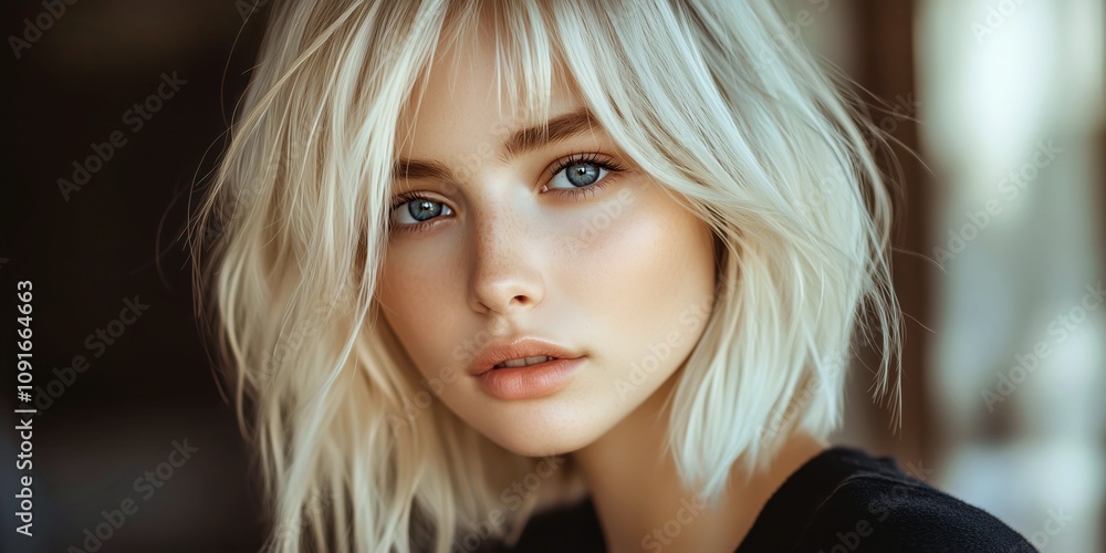 Fototapeta premium young woman with a bob haircut and light blonde hair color, soft blue eyes, fair skin