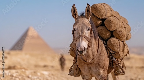 Heavy burdens of history at the ancient pyramid construction site in Egypt with a weary mule in the desert sun photo