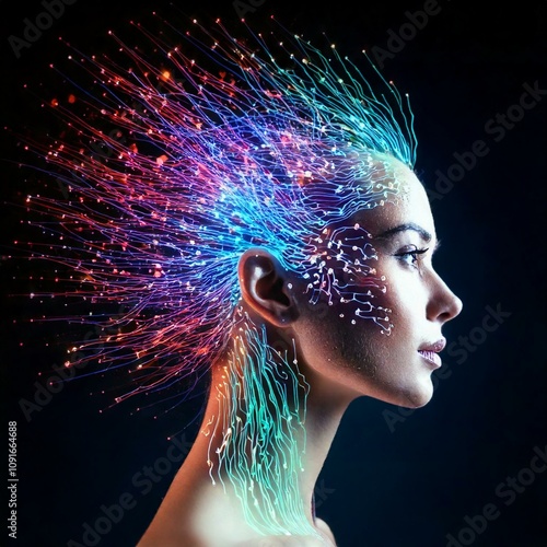 Side view of a woman with different hair stylings in futuristic, elegant, fire and floral forms. photo