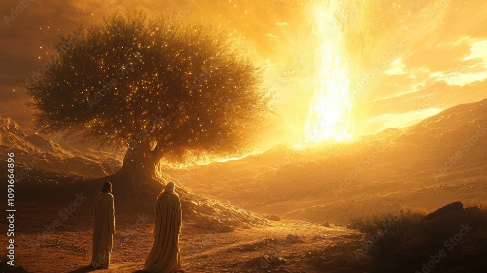 Fototapeta premium Two Figures Gazing at a Glowing Eruption in a Desert Landscape