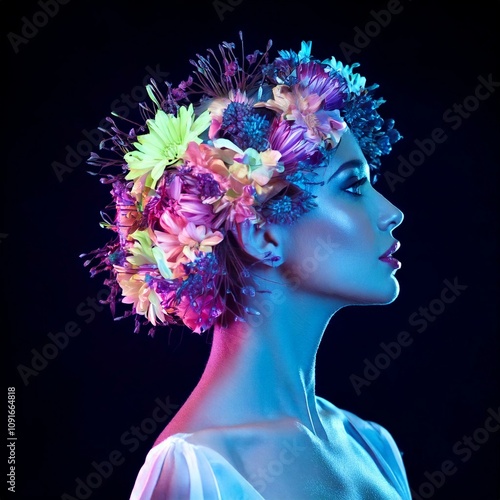 Side view of a woman with different hair stylings in futuristic, elegant, fire and floral forms. photo