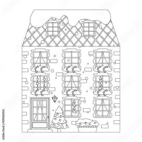 Winter Christmas european house vector illustration coloring page