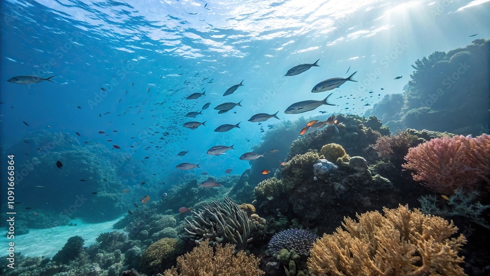Fototapeta premium A serene underwater scene with a school of fish swimming around a coral reef amidst a backdrop of bright blue paint, oceanic landscape, marine life, underwater world